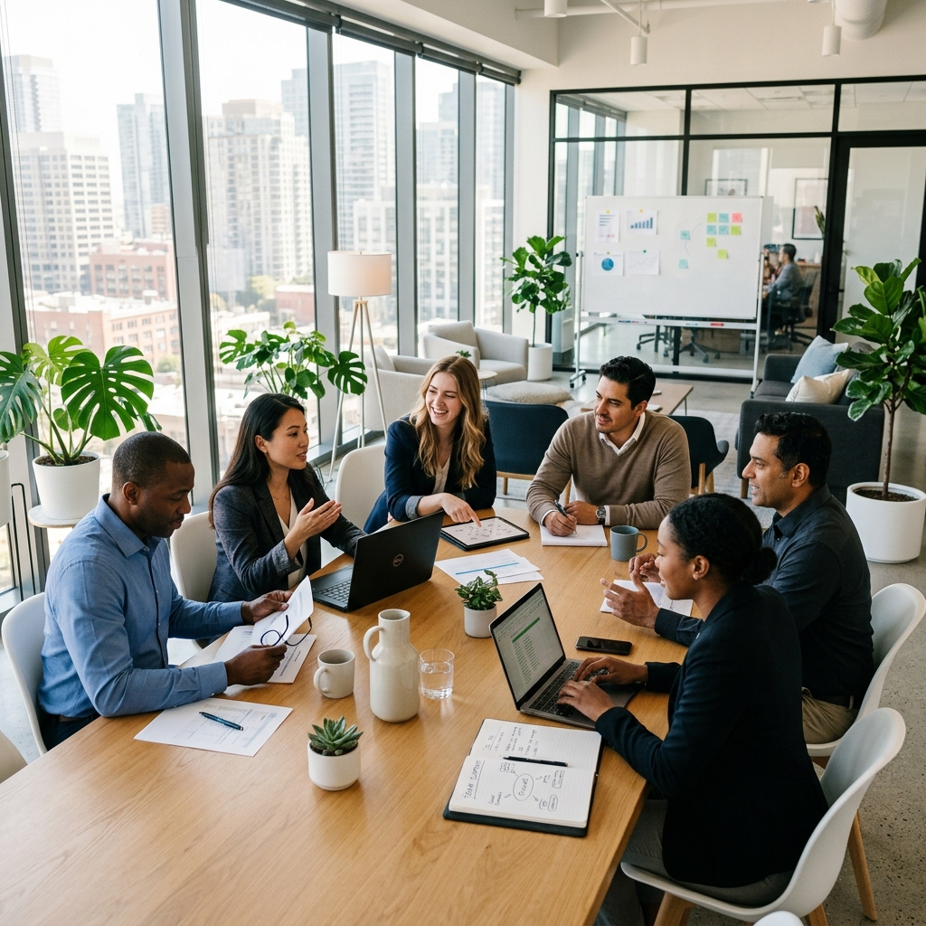 Professional support team collaborating in modern office