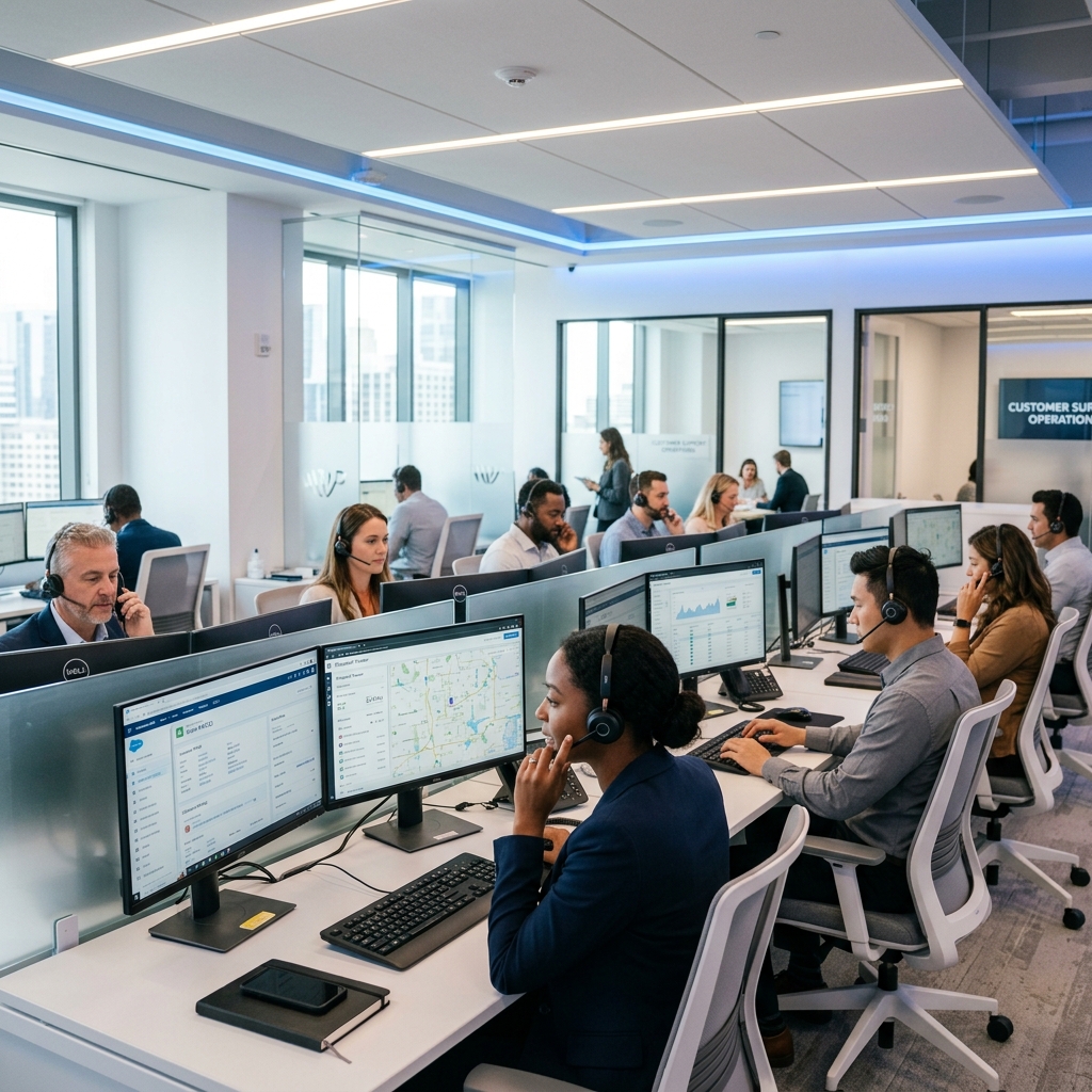 Professional call center workspace with agents at workstations